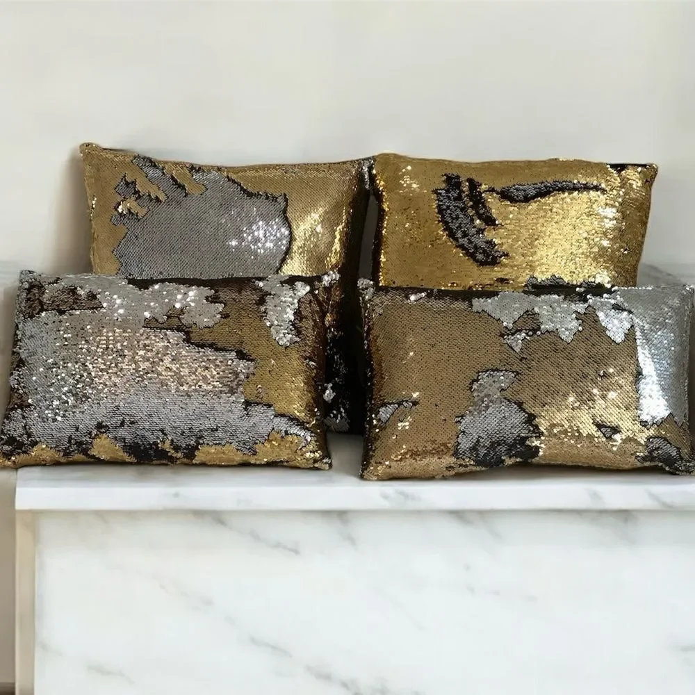 NWOT NEW Four (4) Aviva Stanoff Mermaid Sequin Gold/Silver/Black Luxury Pillows